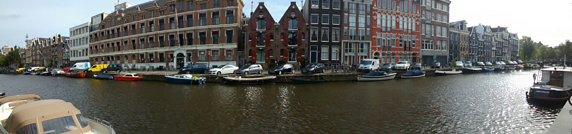 A panorama of an Amsterdam canal.